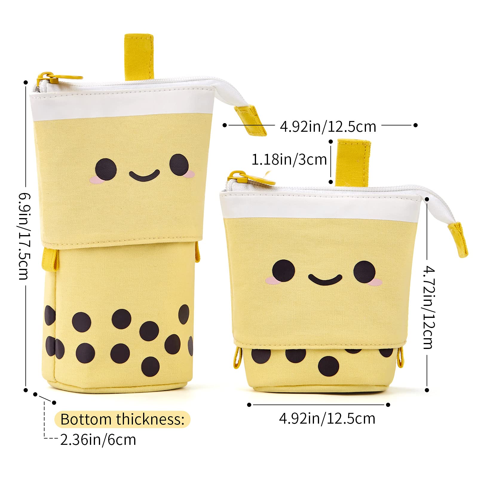 Fun and Functional Telescopic Pencil Case and Makeup Pouch - Yellow  Cute  Boba Tea Design, Multi-Purpose Organizer for Girls, Students, and Women 